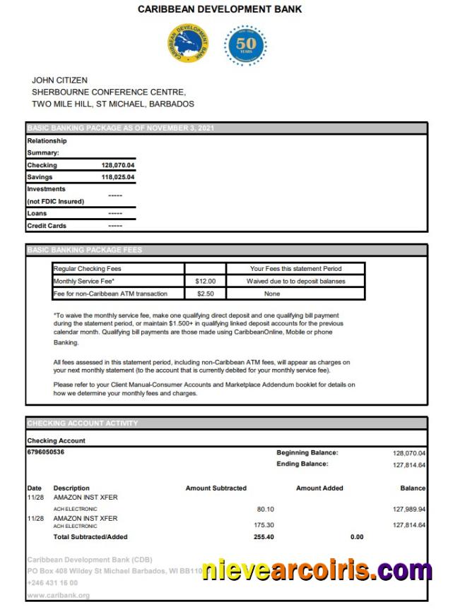 Barbados Caribbean Development bank statement easy to fill in .xls and .pdf file format